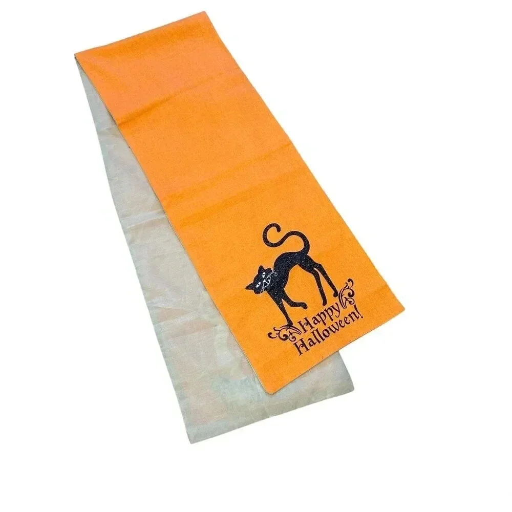 Happy Halloween Shiny Black Cat on Orange Table Runner